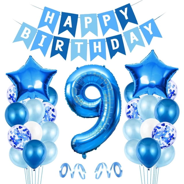 Banderines de feliz cumpleaños, globos de fiesta azules, confeti, globos de látex, decoraciones de cumpleaños