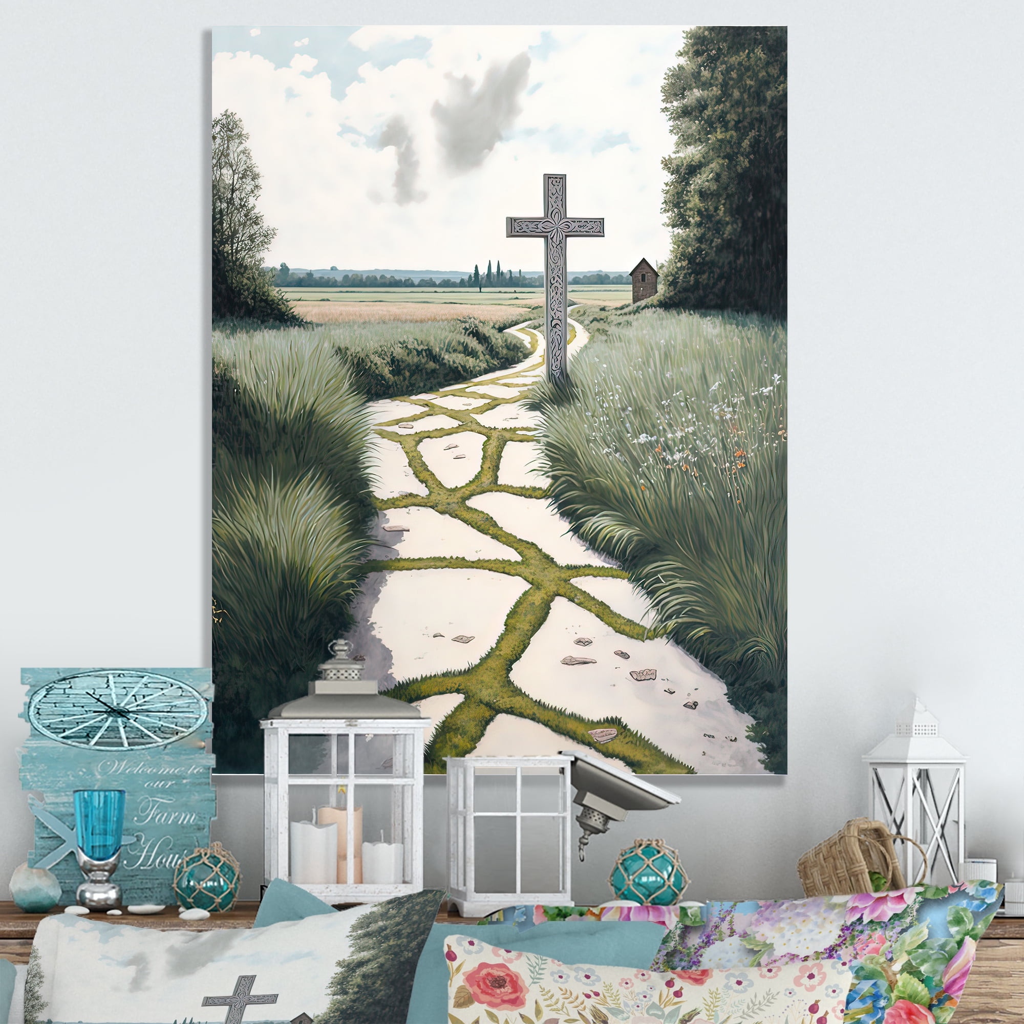 Designart Cross Status On Winding Path IV Canvas Wall Art
