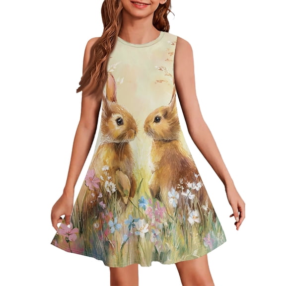 LTTVQM Easter Dresses for Girls Egg Rabbit Graphic Happy Sleeveless Sundresses Soft Crew Neck Midi Dresses Lightweight Church Dresses Earthy Yellow 11-12 Years