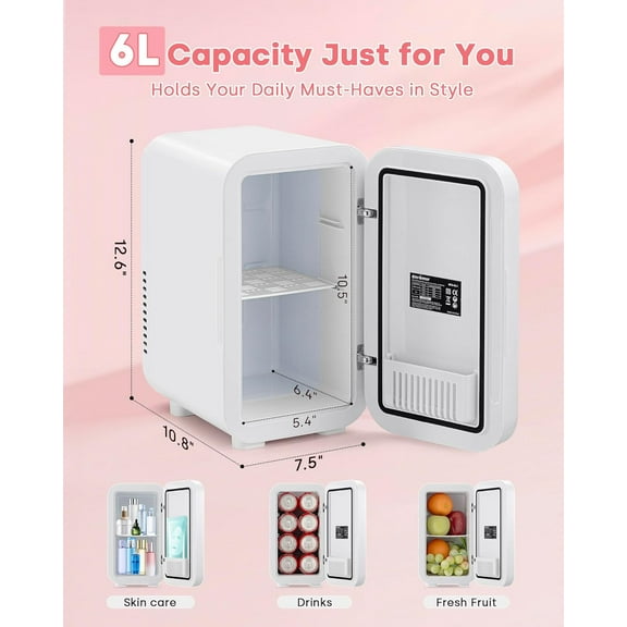 Skincare Fridge with LED Mirror, 6L Portable Cooler for Dorm, Office, Car - White