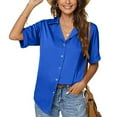 thumbnail image 2 of Women Work Blouses Notch V Neck Button Down Shirt V Neck Short Sleeve Pleated Tunic Tops Solid Basic Office Blouse, 2 of 5