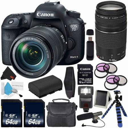 Canon EOS 7D Mark II DSLR Camera (International Version) with 18-135mm f/3.5-5.6 IS USM Lens & W-E1 Wi-Fi Adapter 9128B135 + Canon EF 75-300mm f/4-5.6 III Telephoto Zoom Lens +Carrying Case