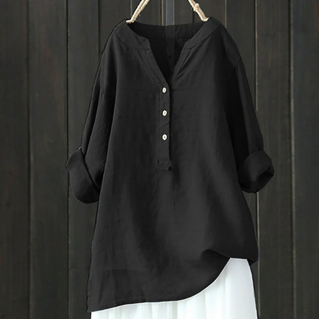 AherBiu Hauts pour Femmes Chemises en Lin pour Femmes Col en V Boutonné Blouses Légères Amples Automne Pull Décontracté Tendance