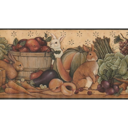 Brown White Rabbit Bunny Fruits Vegetables Basket Beige Wallpaper Border  Retro Design, Roll 15' x 9