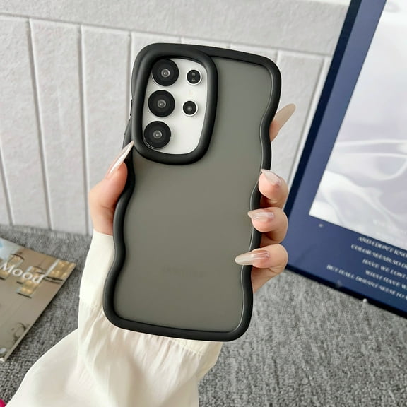Compatible with Samsung Galaxy S25 Edge Silicone PC Case, Curly Wave Frame Non-Slip Translucent Matte Easier Grip Shockproof Wireless Charging Phone Case Cover for Girls Women, Black