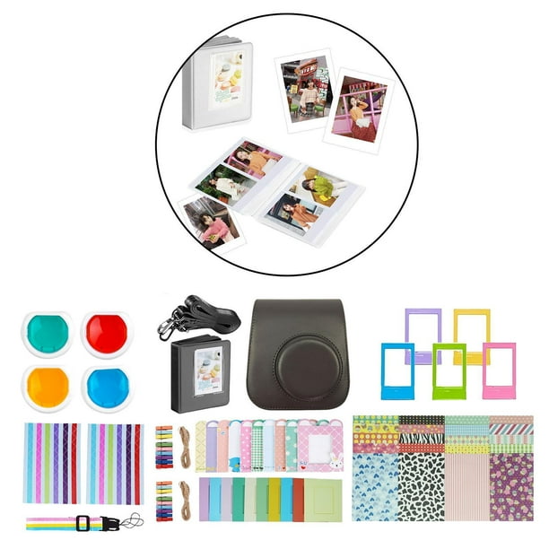 Kit de cámara de película instantánea práctico correa de hombro colgante álbum de fotos esquina pegatinas foto pegatinas de escritorio marco de Negro Macarena Paquetes de cámaras portátiles 10 en 1