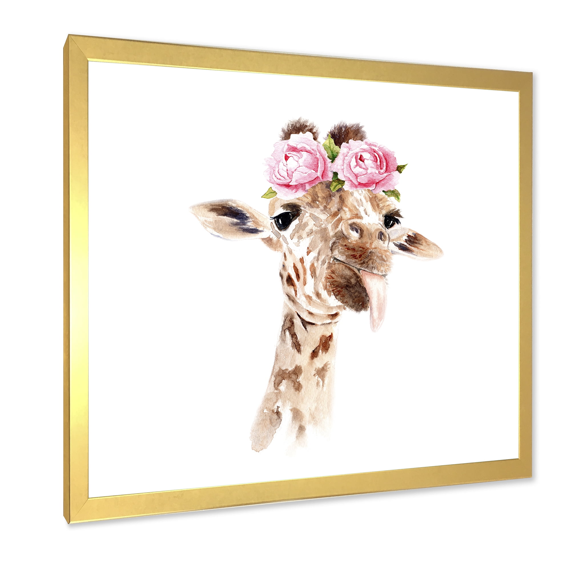 Designart 'Portrait of A Giraffe With Pink Flowers' Farmhouse Framed Art Print