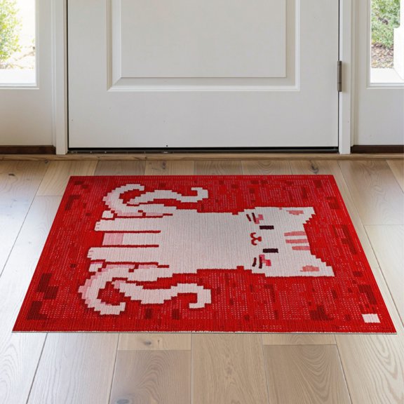 ODIKA 2'x3' Washable Doormat Pixel Kawaii Octopus Cartoon Playful Tentacle Border Retro Arcade for Entryway, Kitchen, Laundry Room, Non-Slip, Low Pile