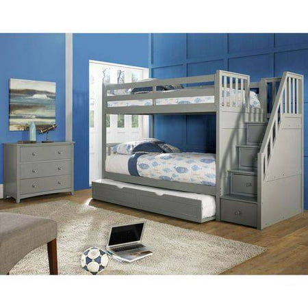 Barrett Twin Over Twin Wood Bunk Bed with Trundle, Grey Finish  Walmart.com