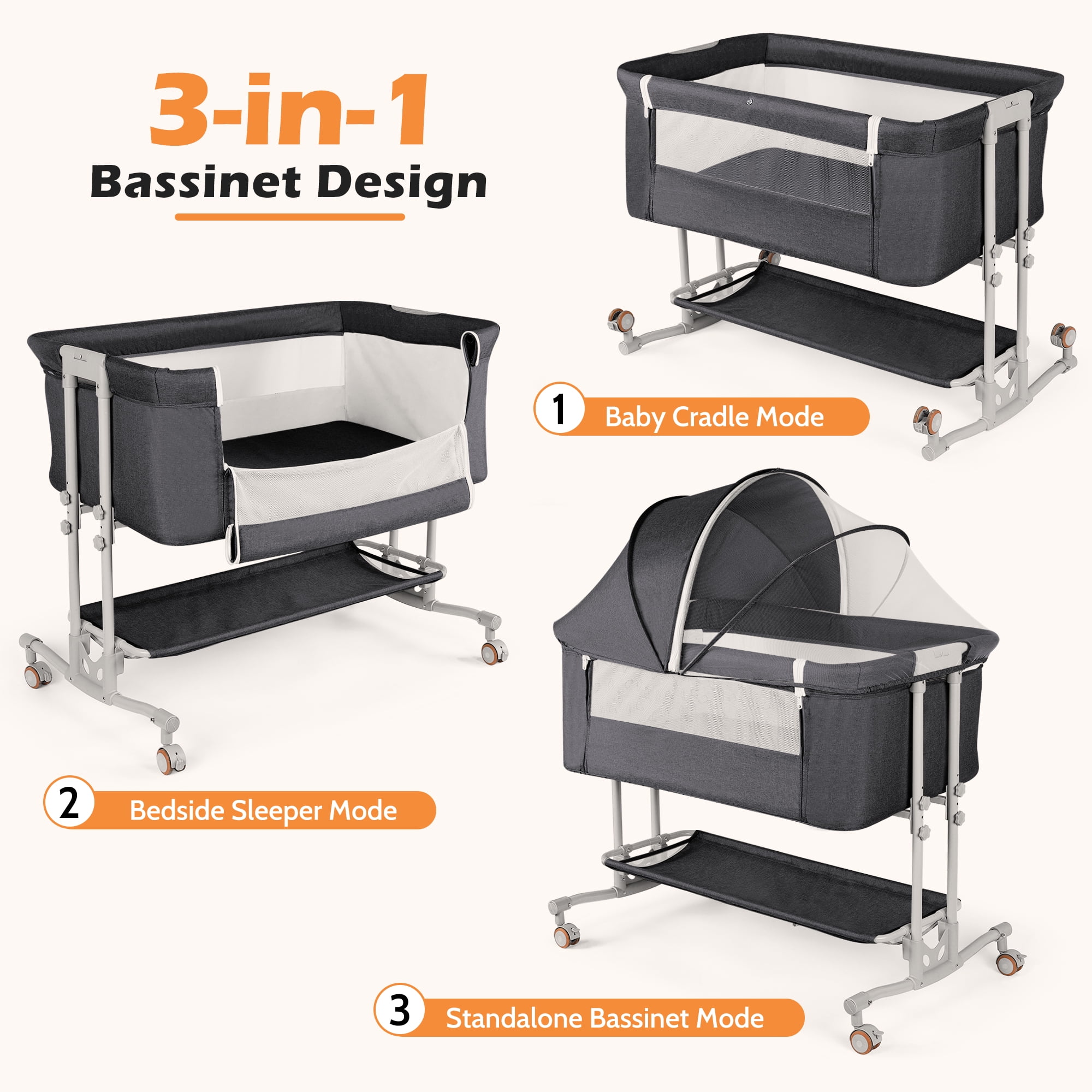 Babyeap Baby Bassinet Bedside Sleeper Bassinet for 0–5 Months Infants, Unisex, Dark Gray