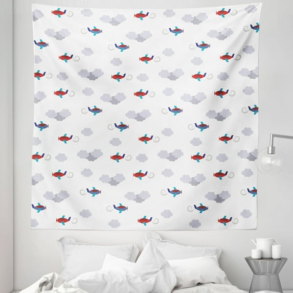 Airplane Tapestry, Little Colorful Planes in Sky with Greyish Clouds Transport Theme, Fabric Wall Hanging Decor for Bedroom Living Room Dorm, 5 Sizes, Multicolor, by Ambesonne