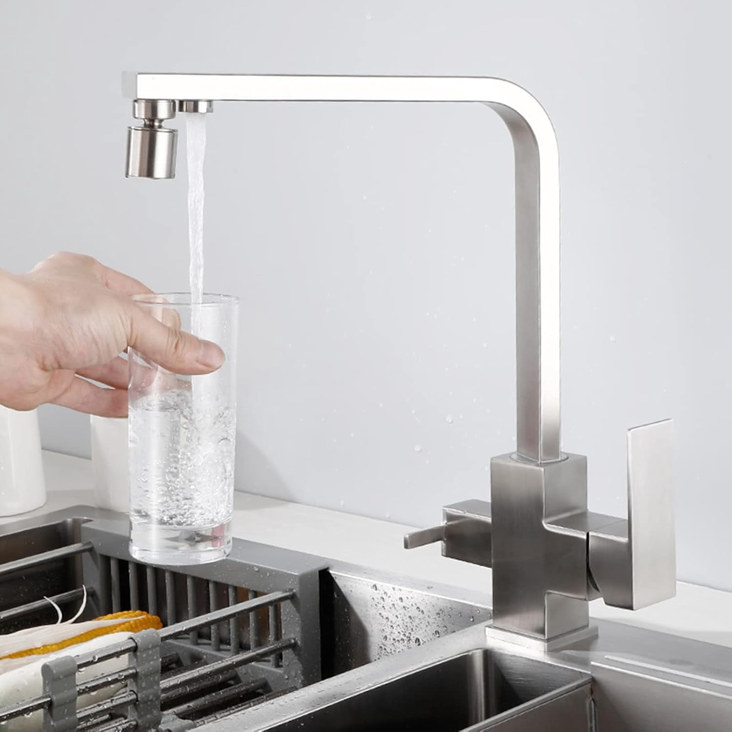 Kitchen Faucets 3 Way Stainless Steel Brushed Kitchen Faucet Swivel Hot Water and Cold Water Drinking Water 3 in 1 Sink Faucet