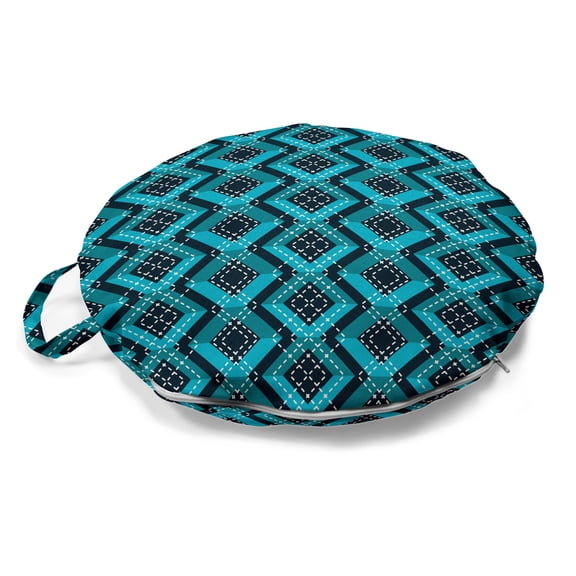 Abstract Round Floor Cushion with Handle, Illustration of Complex Geometric Patterns Successive Intertwined Squares, Pillow for Living Room & Dorms, 18" Round, Dark Teal and Teal, by Ambesonne