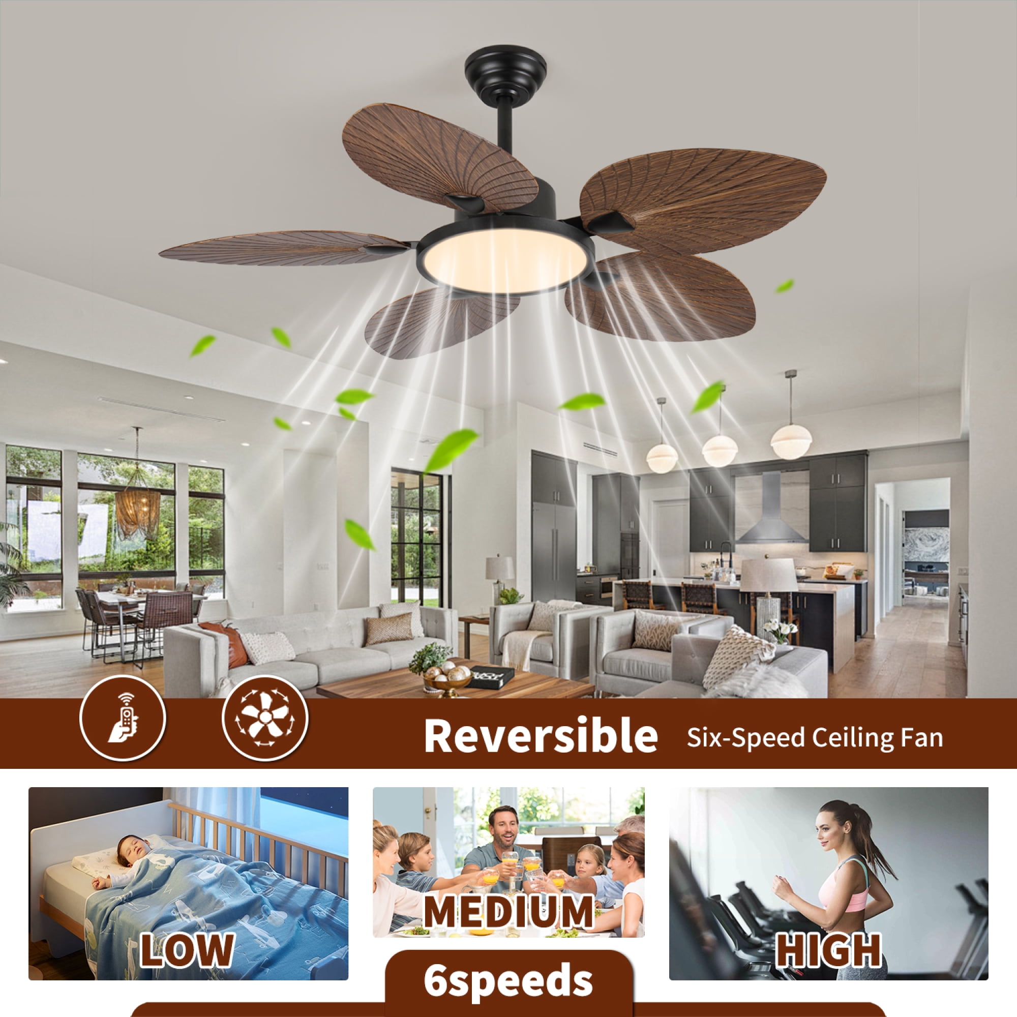 Jopath 52 Inch Tropical Palm Leaf Ceiling Fan with Lights and Remote Control,5 Blades Silent DC Motor for Bedroom Indoor/Outdoor Use Amber