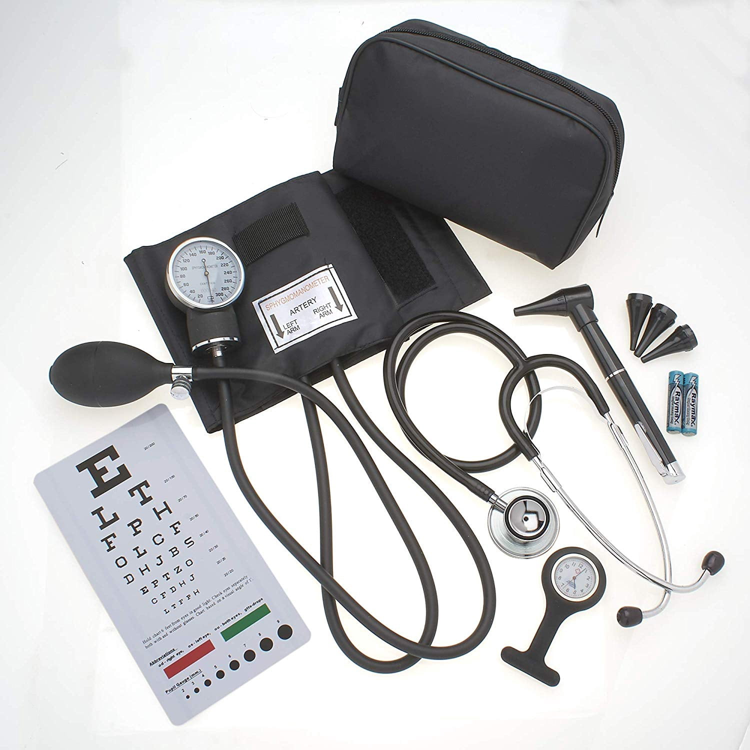 AsaTechmed Complete Diagnostic Blood Pressure, Stethoscope, Otoscope Kit w/Tuning Fork, Neurological Reflex Hammer, EMT Shears || Nurse Starter Kit with Travel Pouch + Accessories (Tactical Black)