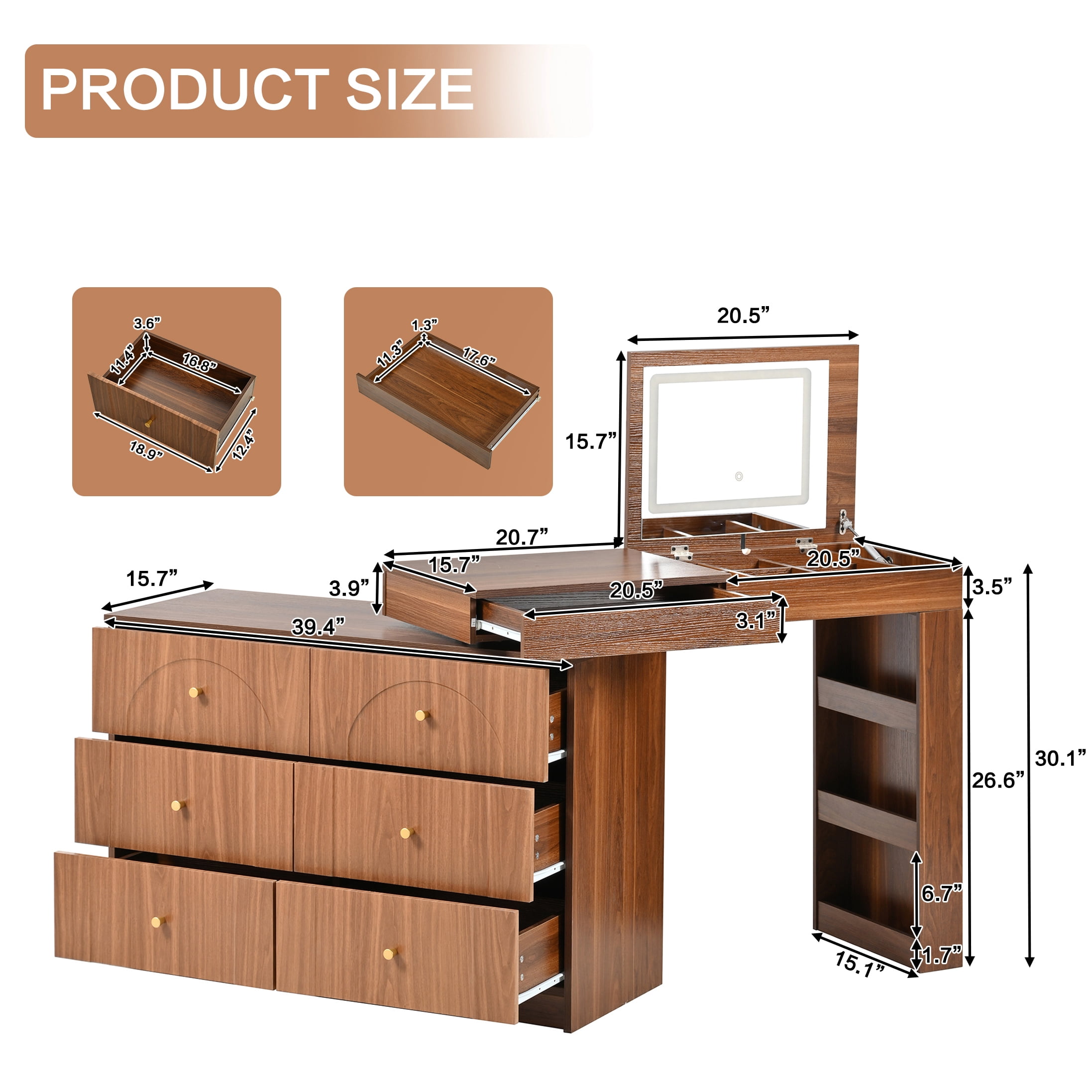 Aukfa Vanity Desk with Mirror,Flip-Top Tabletop & 7 Drawers, Corner Vanity Set, Walnut