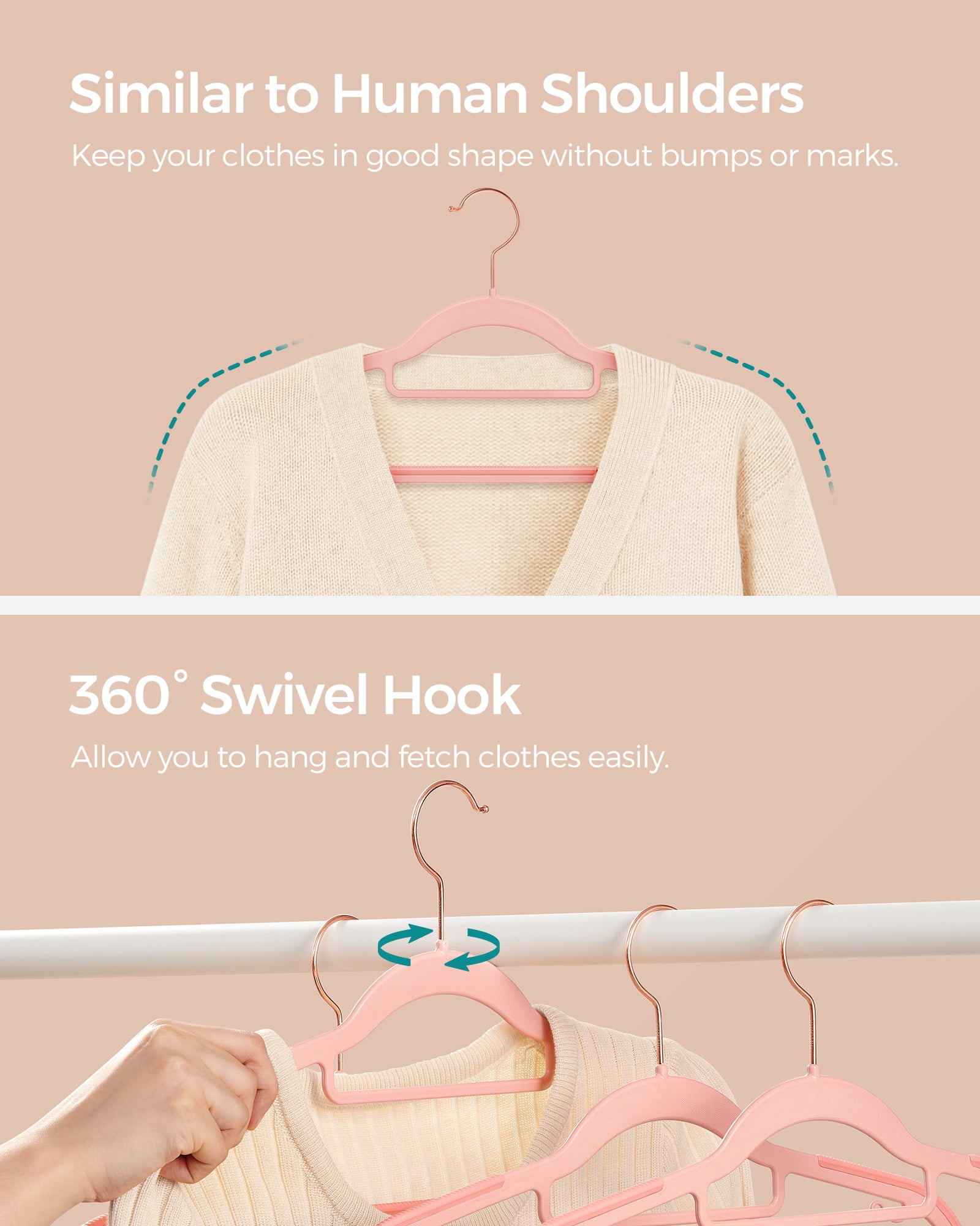 50 Pack Coat Hangers Non-Slip Clothes Hangers Space-Saving Plastic Hangers 360°Swivel Rose Gold Hook Light Pink