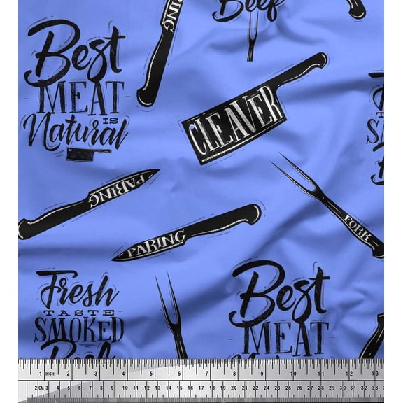 Soimoi Blue Velvet Fabric Text & Knife Kitchen Print Fabric by the Yard 58 Inch Wide