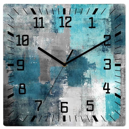 Teal Grey Wooden Wall Clock Silent Non Ticking, Abstract Art Oil Painting Modern Geometric Square Wall Clocks Battery Operated, Decor Clock for Home Office, Living Room, Kitchen, 12 Inch
