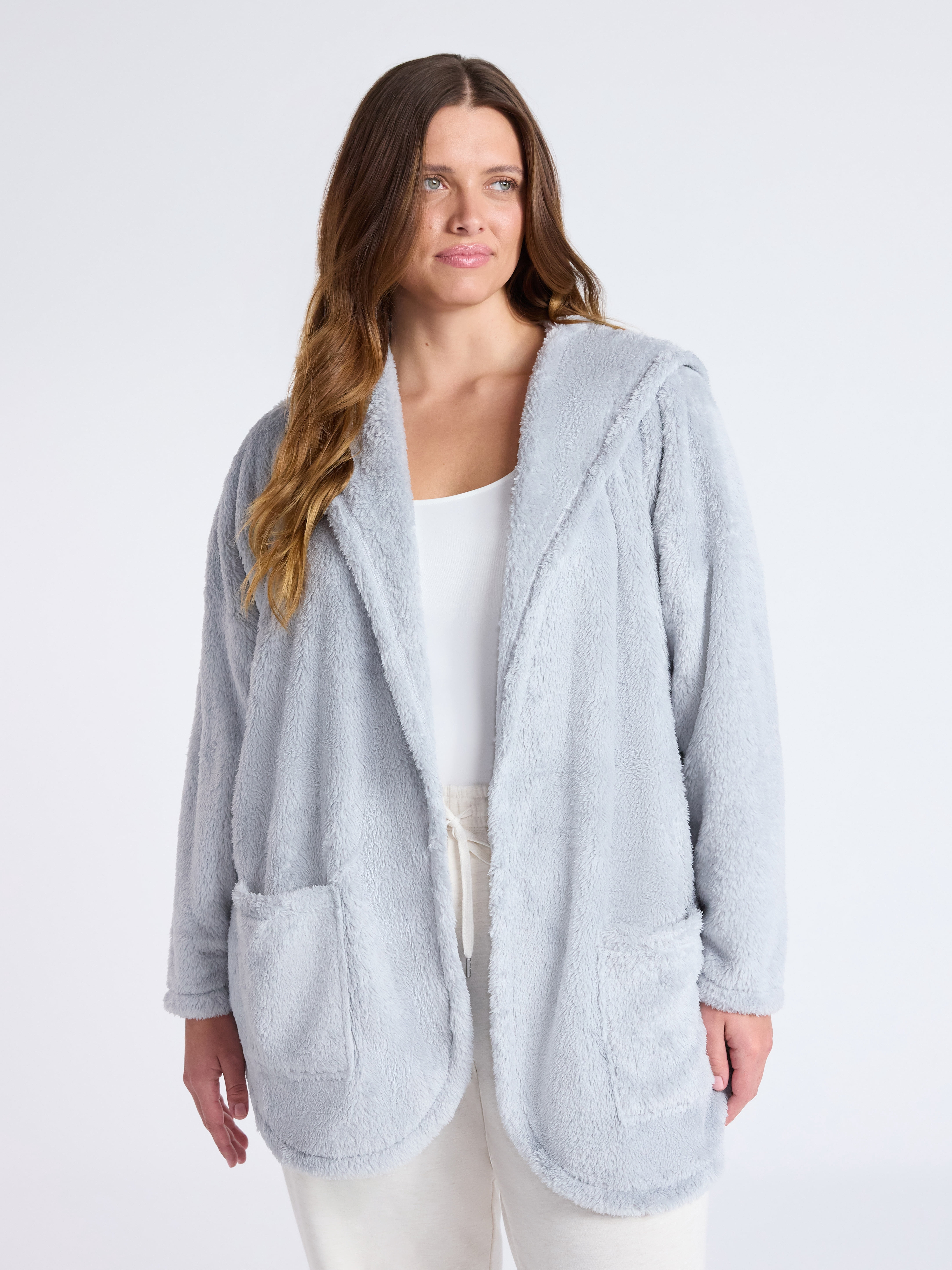 Joyspun Women’s Plush Sleep Cardigan, Size XS-3XL