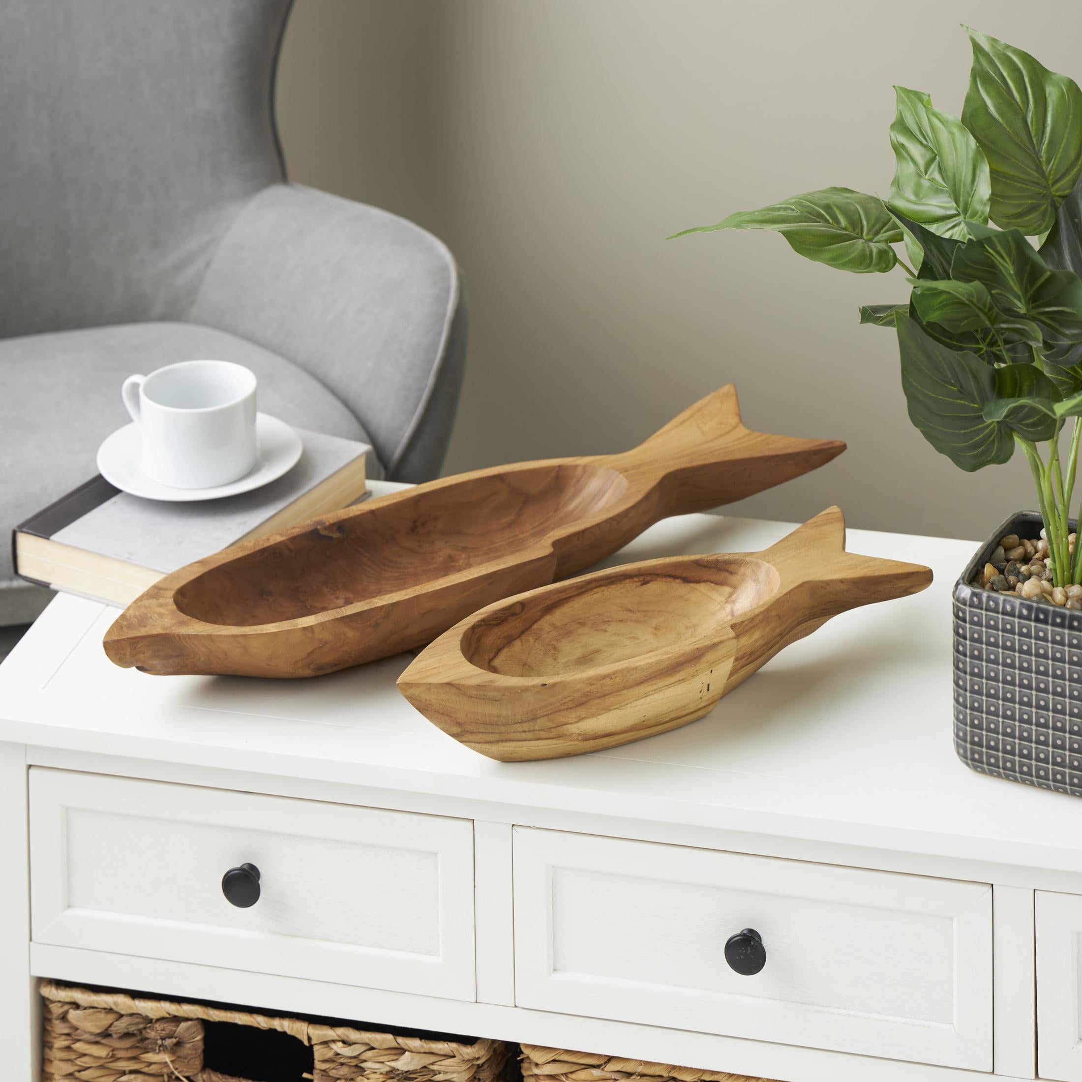 DecMode 23", 5"W Brown Teak Wood Handmade Carved Fish Tray, 2-Pieces