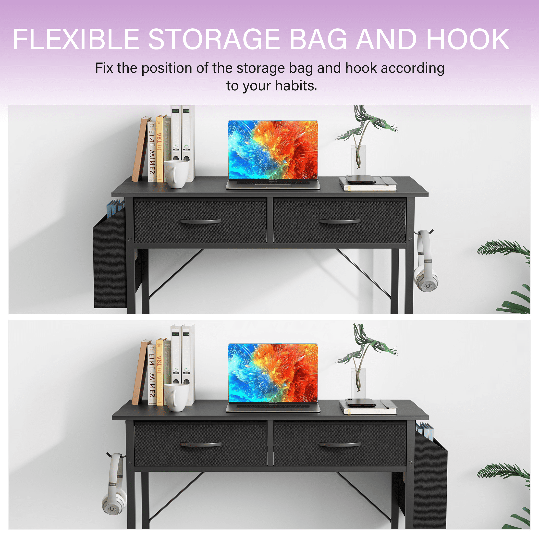 CONCETTA 32 inch Small Computer Desk with Fabric Drawers & Storage Bag Iron Hook for Bedroom, Black