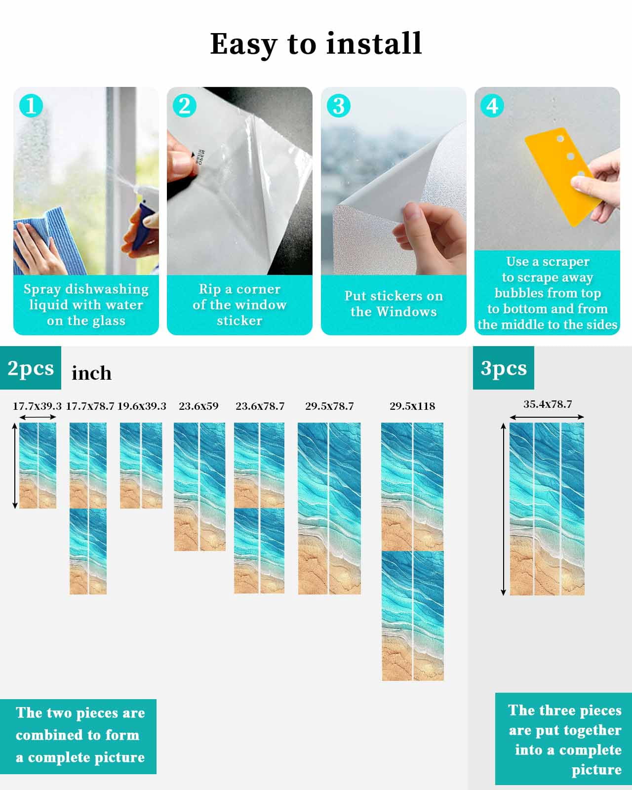 Window Privacy Film, Turquoise Ocean Ombre UV Sun Blocking Window Tint Film Heat Control One Way Blackout Window Film, Spring Summer Coastal Sea Wave Non Adhesive Static Cling Sticker 23.6x78.7 In