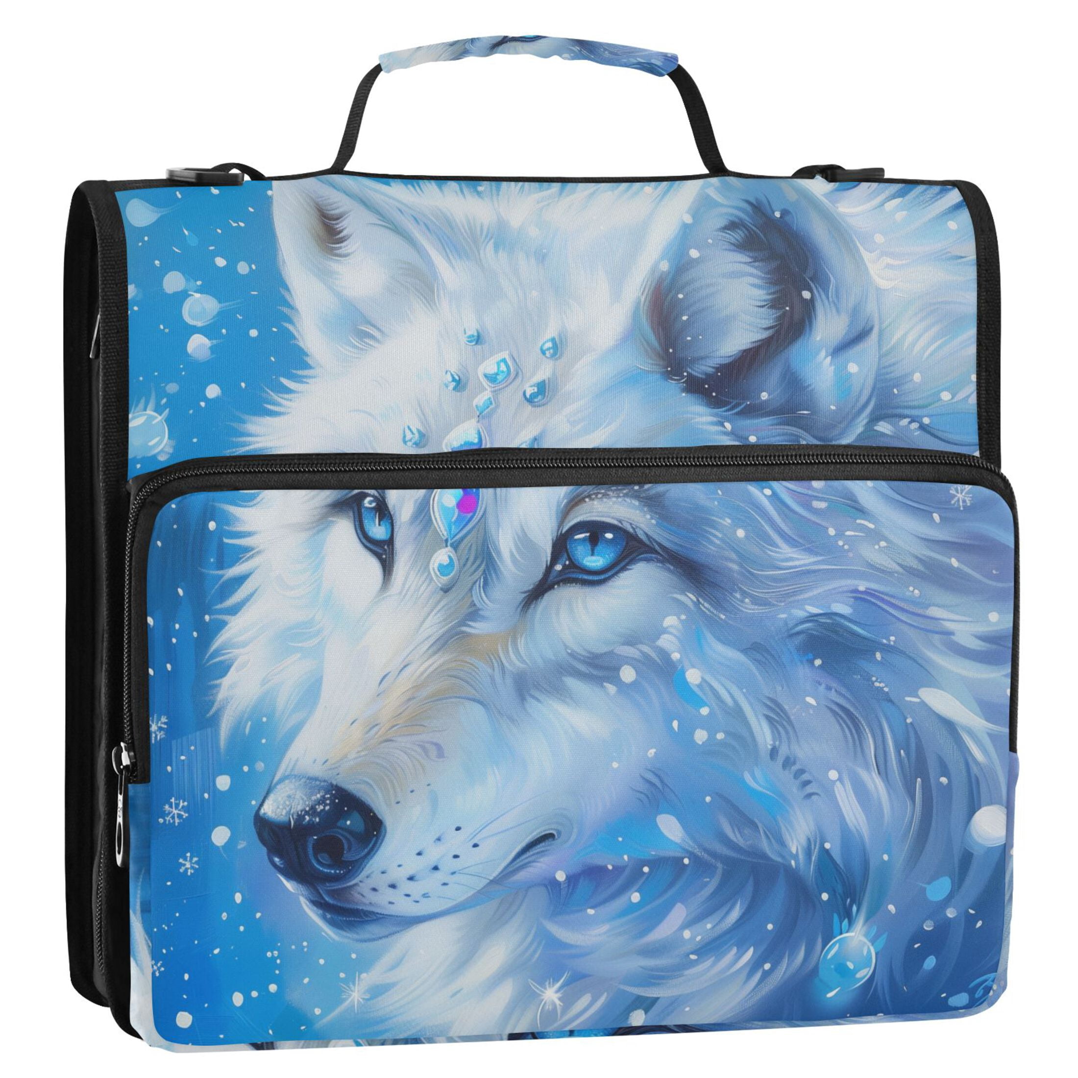 3 Ring Zipper Binder with Shoulder Strap Waterproof Trapper Keeper 2 Inch D-Ring 500 Sheets Capacity White Wolf with Gems