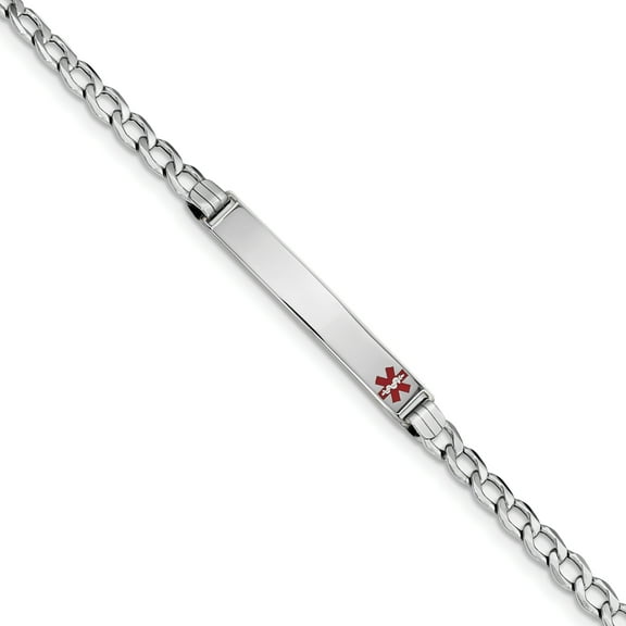 14K White Gold Medical Polished Red Enamel ID with Semi-Solid Cuban Bracelet