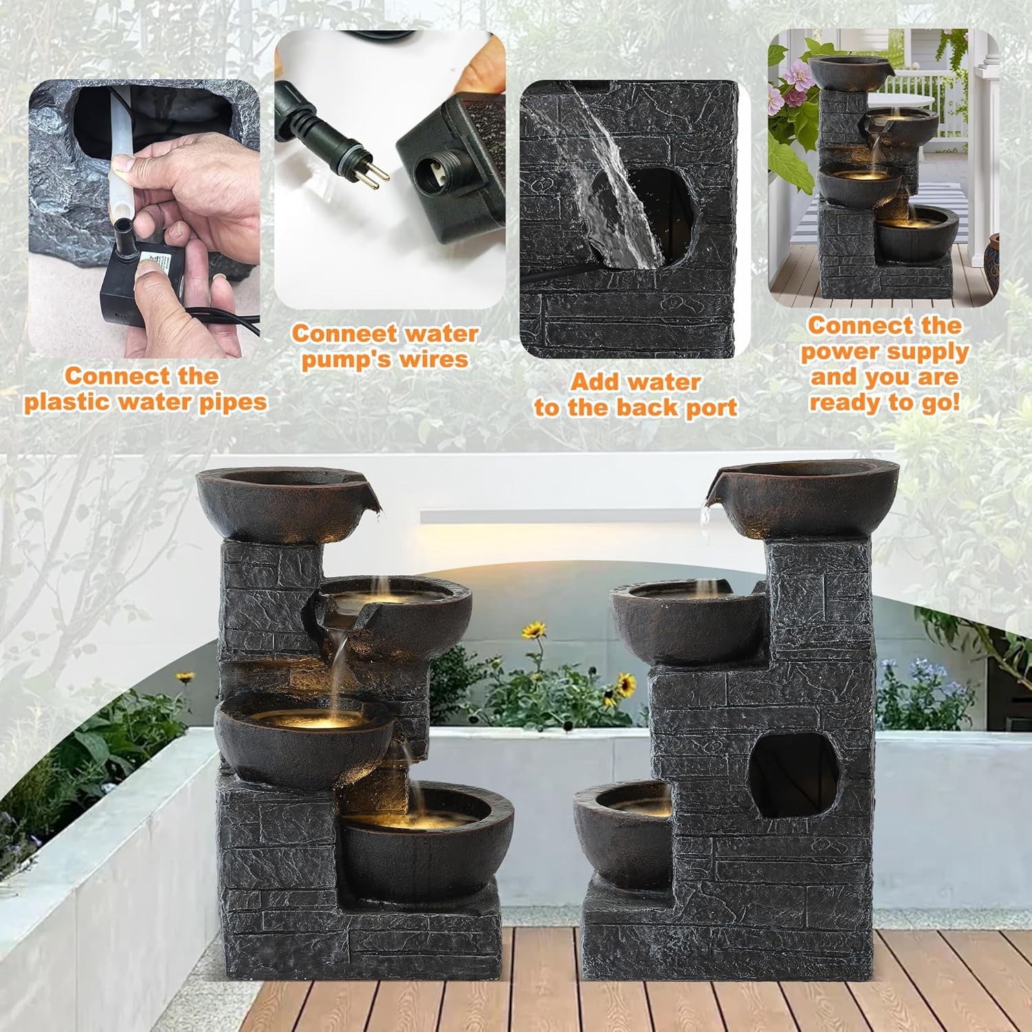 Magic Union Outdoor Water Fountain, 4-Tier Cascading Rock Bowls Waterfall Fountains w/LED Lights for Garden Yard Decor, Indoor Floor-Standing Resin Water Feature for Patio Deck Porch and Home