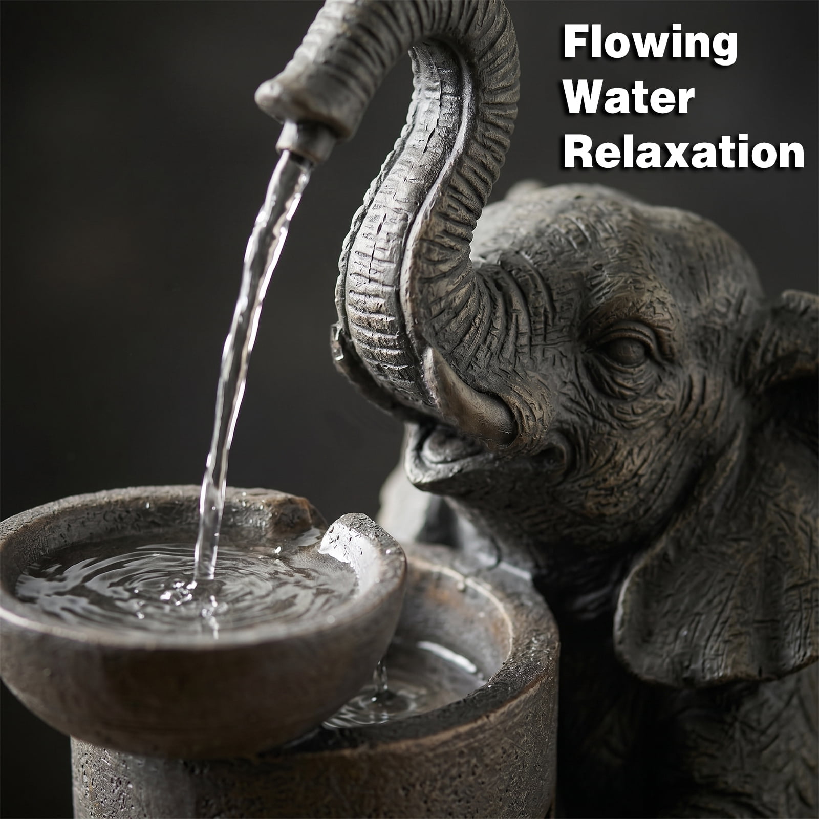 Elephant Waterfall Fountain for Indoor Desktop & Outdoor Use Small Garden Water Feature with LED Light Quiet Mini Cute Table Water Fountains for Patio, Yard, Home Decor