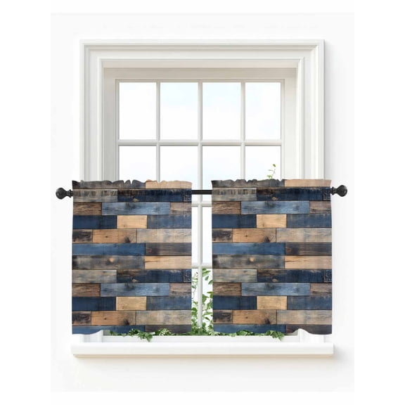 Navy Blue Brown Wood Tier Curtains 36 Inch Length, Sheer Curtains for Bedroom Living Room Window Farmhouse Vintage Wooden Rod Pocket Voile Drapes Kitchen Curtains Small Half Window 27.5"x36" 2 Panels