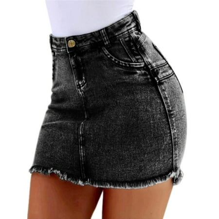 Women Casual Mid Waisted Washed Frayed Pocket Denim Jean Bodycon Short Skirt Sexy Ladies Summer Skinny Mini Dress
