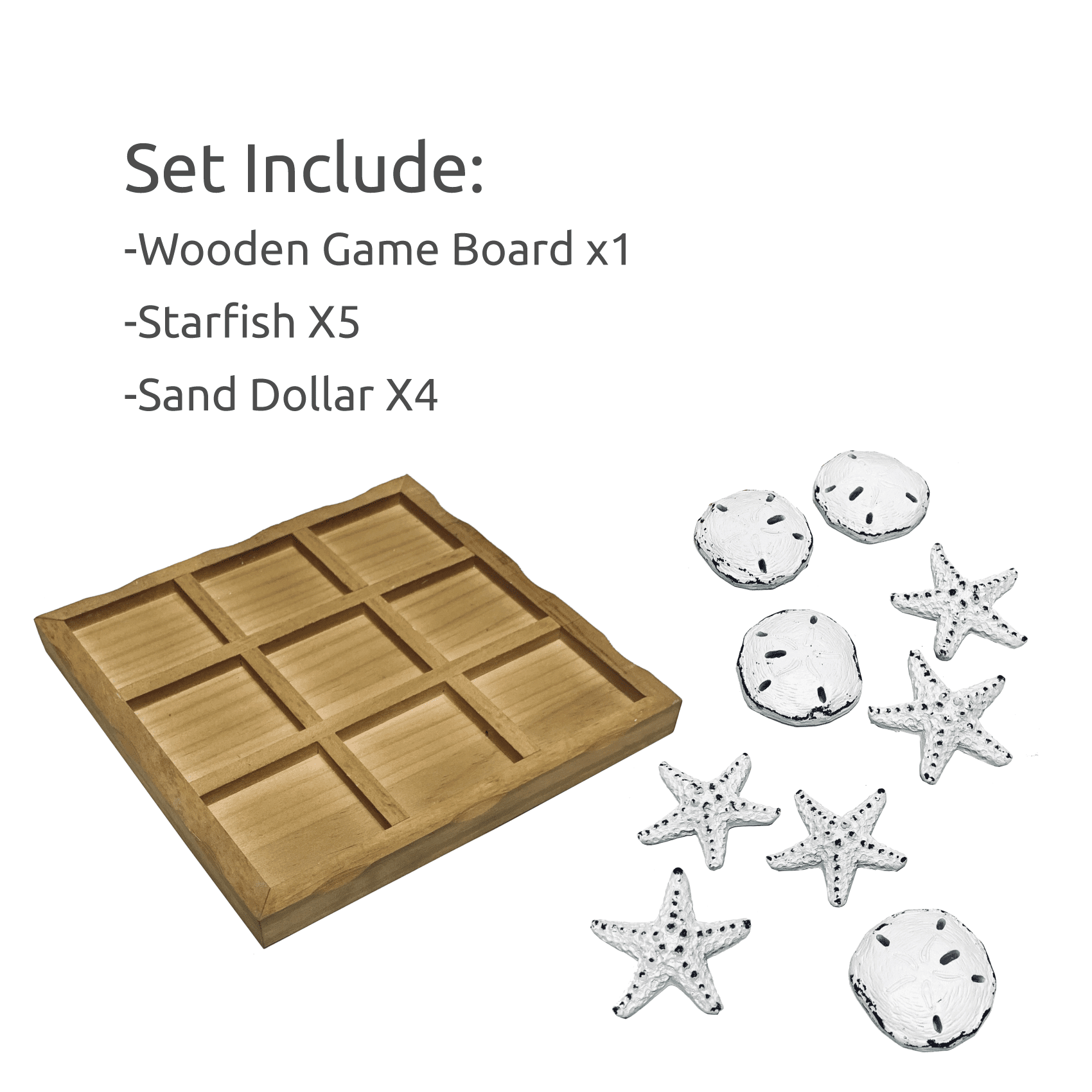 WOWME Wooden Tic - Tac - Toe Beach Game Board with Sand Dollars & Starfish - Perfect for Family & Party Fun