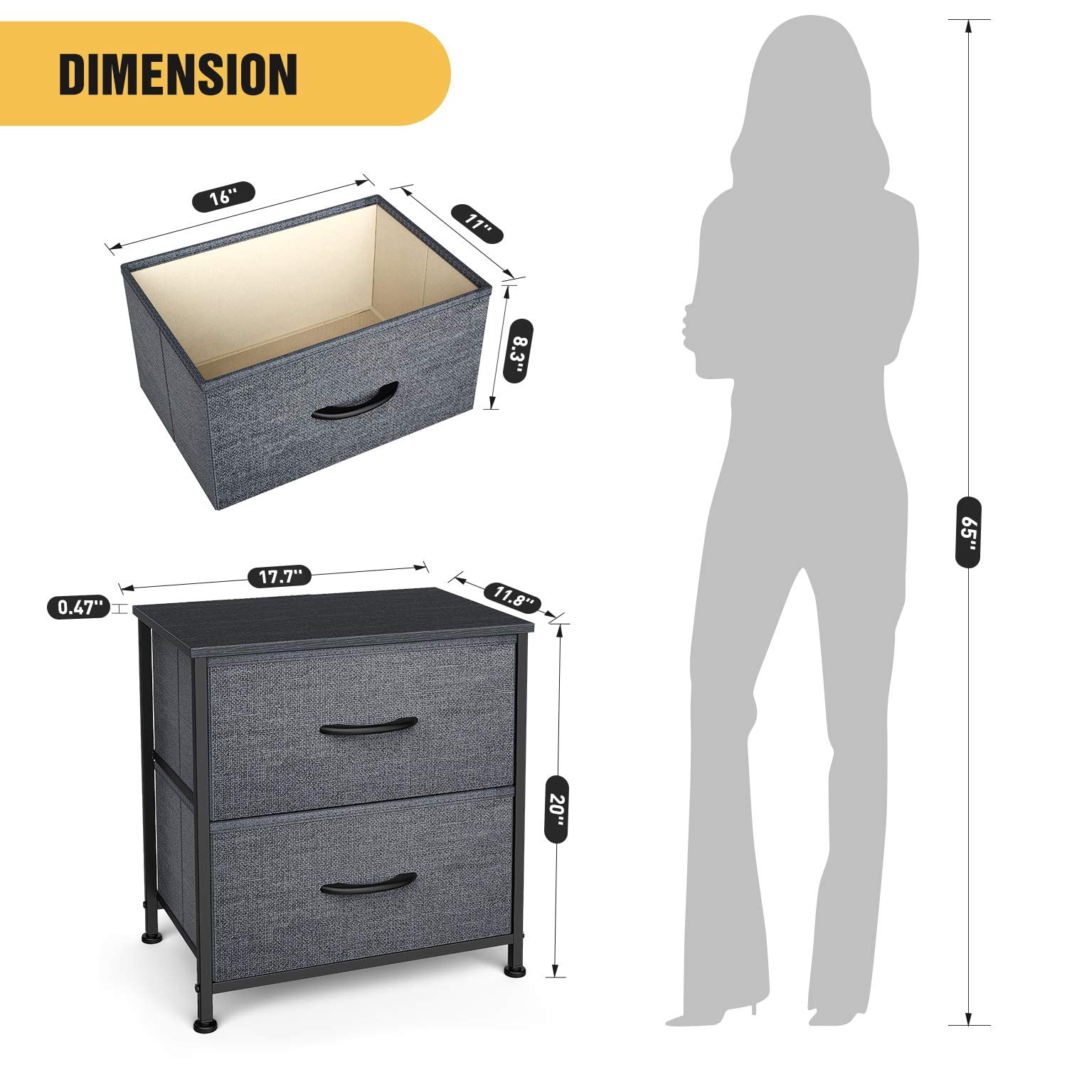 Yesker Dresser for Bedroom Storage Tower with 2 Drawers Fabric Bins Sturdy Metal Frame Wood Top Small Organizer Unit for Guest Room, Closet, Living Room, Hallway, Home Furniture, Office, Dark Gray
