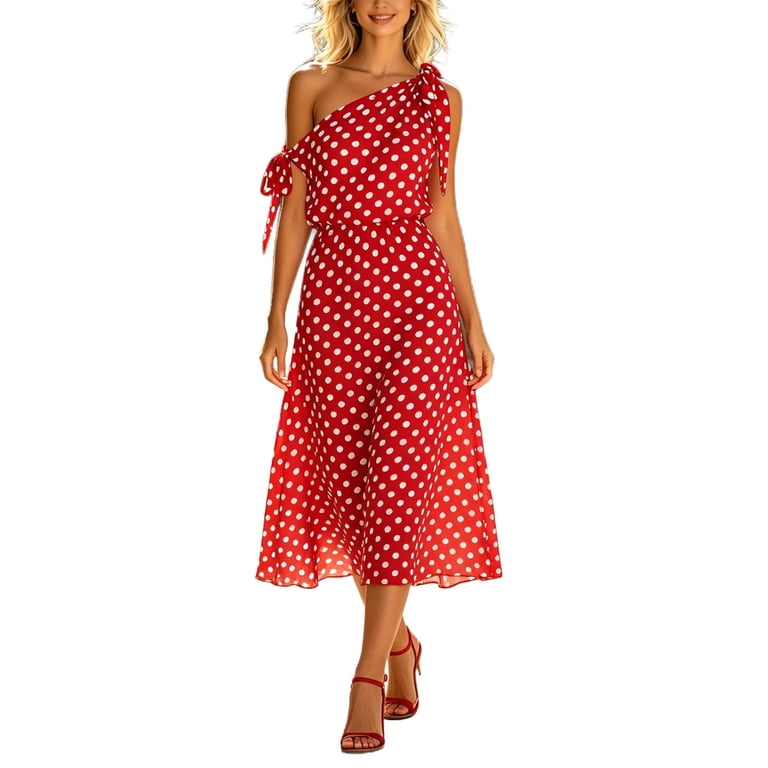 one shoulder easter dress Karymi One Shoulder Polka Dot Midi Dress, Tie Strap Off Shoulder Flowy Chiffon Long Dress, Summer Casual Party Vacation Dress Easter Dresses for Women
