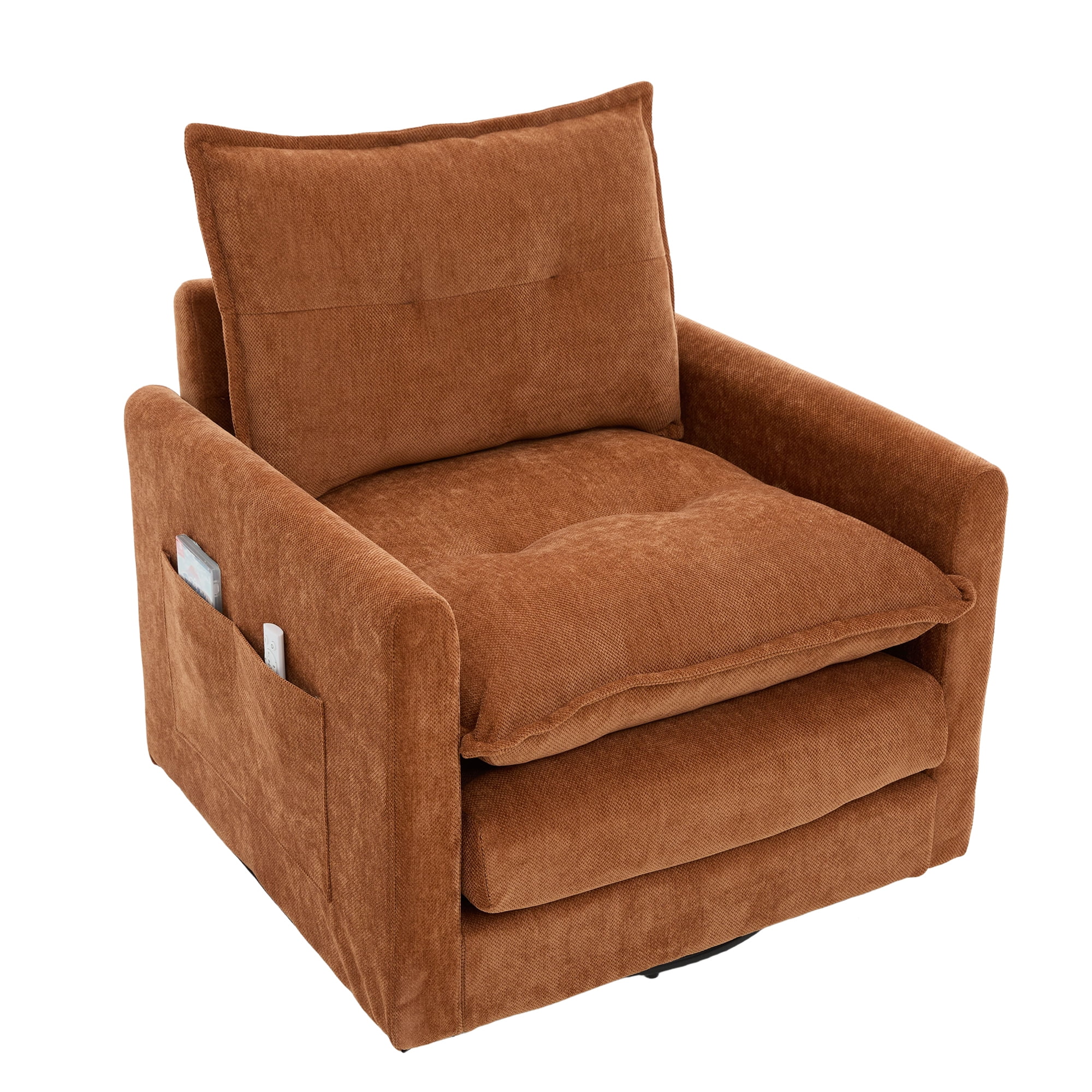 Leumius Swivel Accent Chair,Mid Century Modern Chenille Armchair with Thick Padded and Metal Base,Swivel Single Sofa Chair Barrel Reading Chair for Living Room Bedroom,Brown