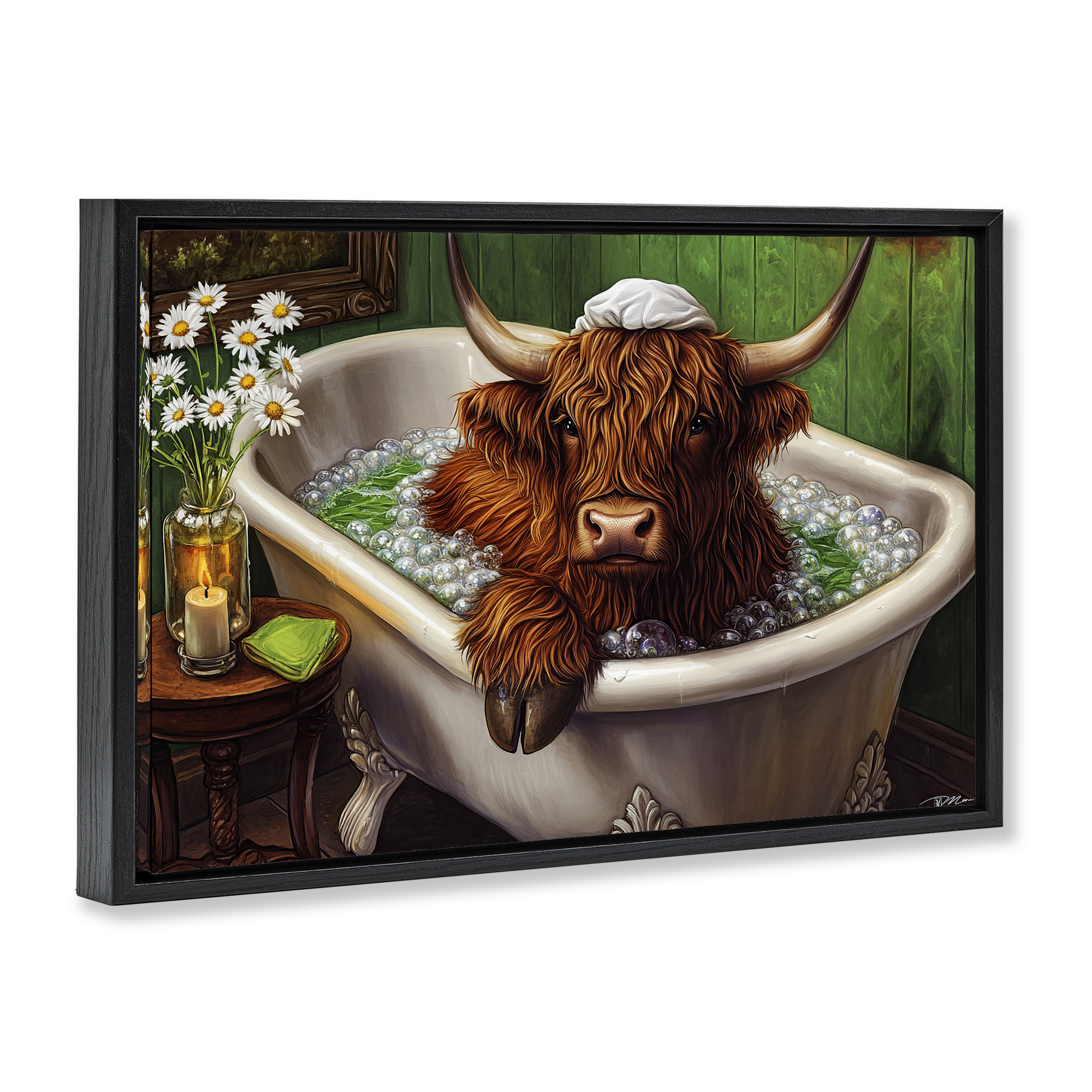 Highland in Candle Lit Bubble Bath Black Framed Floater Canvas Wall Art, design by Momart