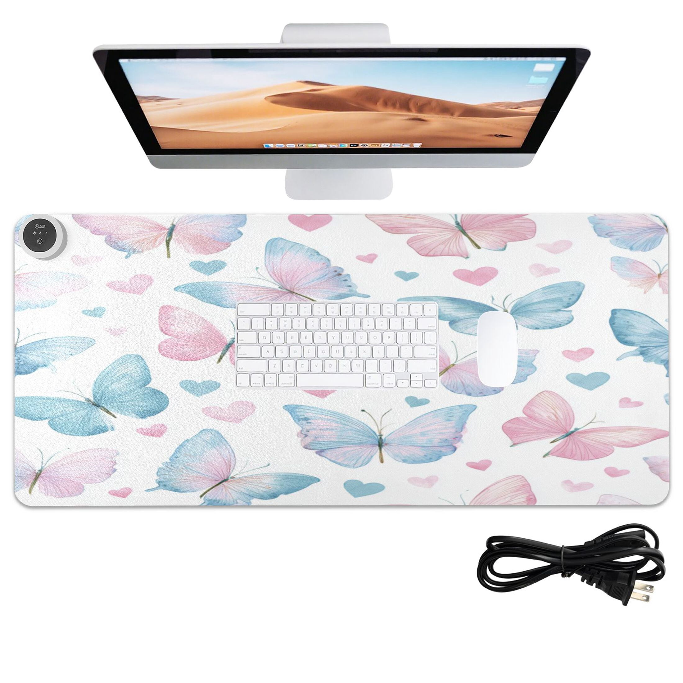 Large Heated Desk Mat Mouse Pad 31.5"x13"PU Leather Graphene Heating Desk Warmer with 3 Temperature Settings 110V US Plug Non-Slip Warm Pad for Home, Office, and Gaming Gentle Pastel Butterfly Print