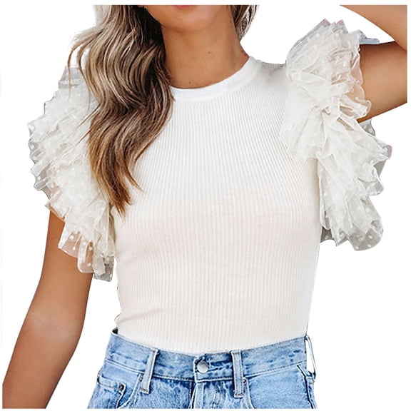 YYDGH Women's Layered Ruffle Mesh Fly Sleeve Tops Round Neck Solid Color Ribbed Slim Fit Blouse Tee Beige S