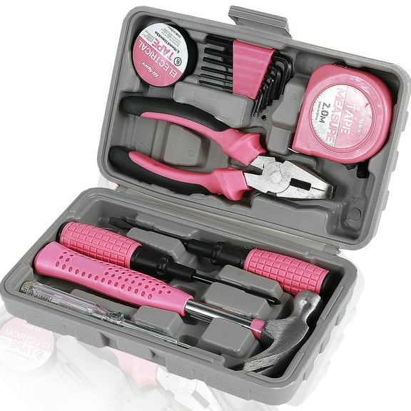 13/24Pcs Household Repair Tool Kit Multi-Purpose Pink Home Hand Tool Set with Storage Case Durable Hammer and Allen Key Set with Electrical Tape Screwdriver Test Pen Plier Bits