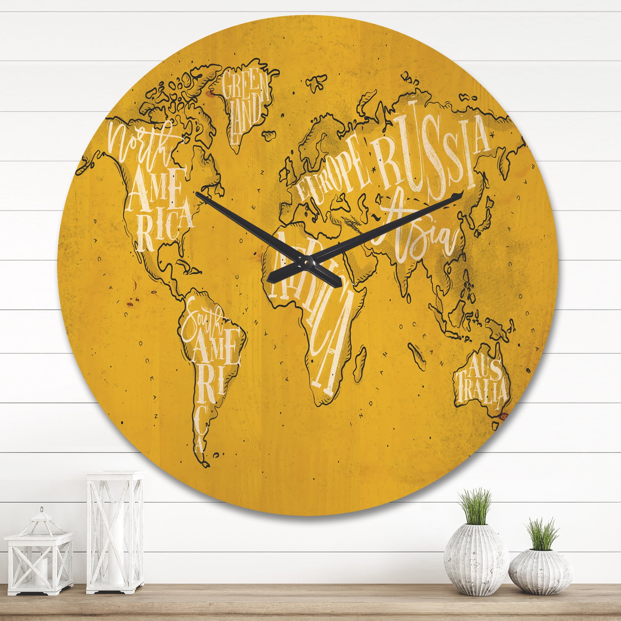Designart 'Traditional Yellow Worldmap ' Modern Wood Wall Clock