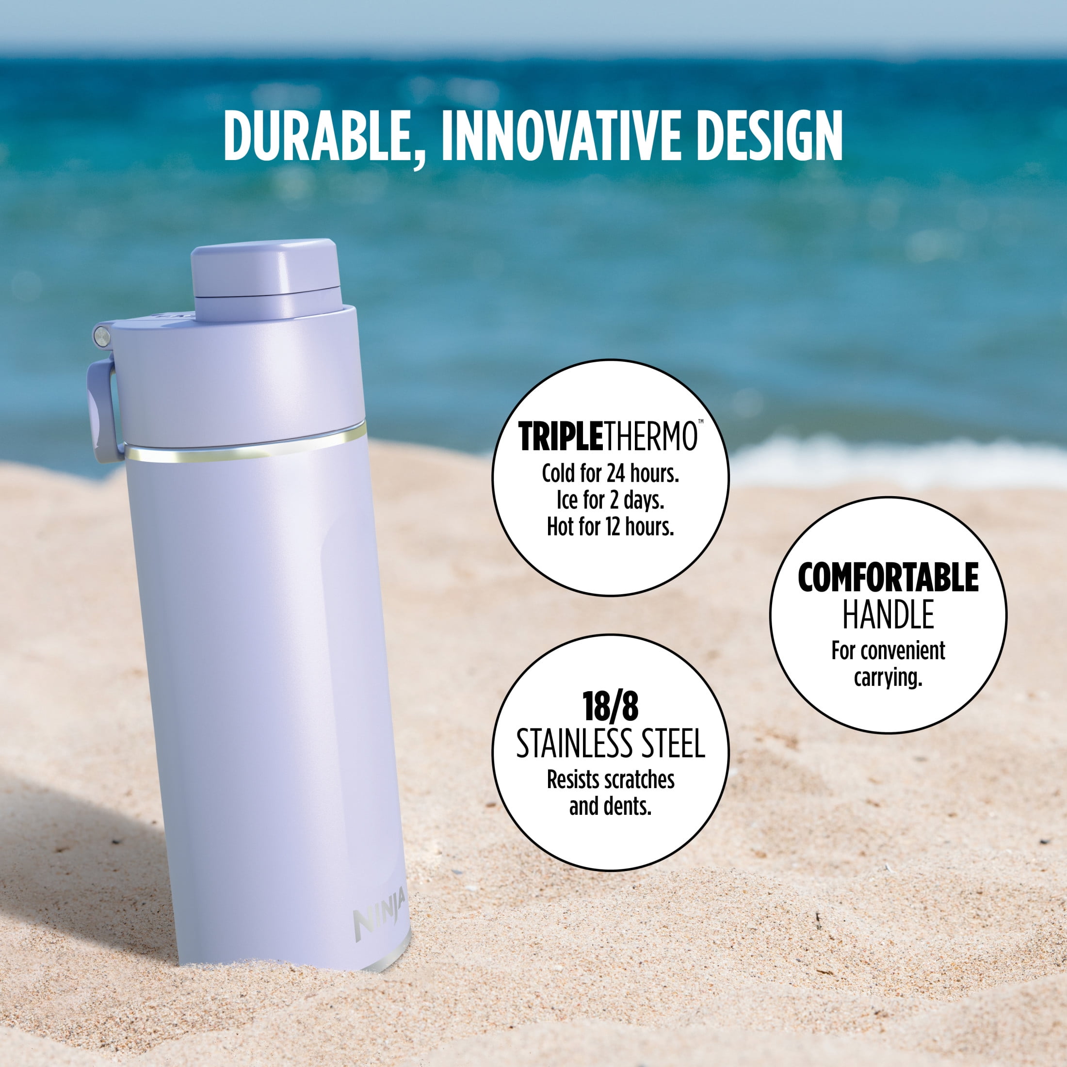 Ninja Thirsti 24oz. Travel Water Bottle, Stainless Steel Tumbler for Carbonated Drinks, Purple