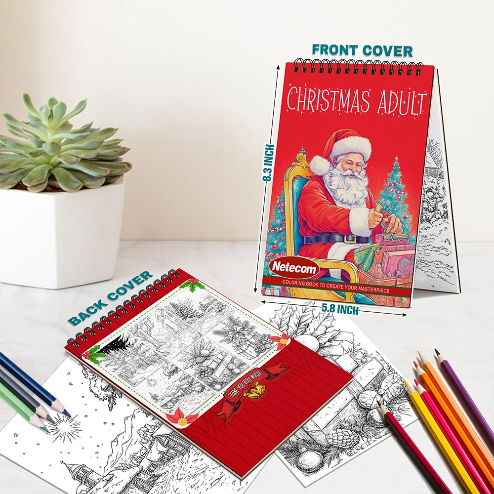 Netecom Christmas Adult Coloring Book Spiral Bound for Adults, A5 Wooden Cover, 30 Beautiful Coloring Pages of Warm Winter Homes for Stress Relief and Relaxation