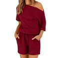 thumbnail image 2 of Off Shoulder Rompers for Women Casual Tie Elastic Waist Short Jumpsuit with Pocket Half Sleeve Wide Leg Comfy Outfits, Wine, S, 2 of 7