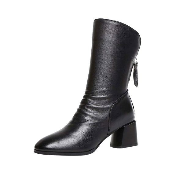 hopeusnice Women's Leather Boots Block Heel Ankle Boots Mid Calf Boots Zipper Boots for Fall Winter Black 37