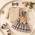 thumbnail image 2 of HCNTES Baby Girl Winter Clothes Baby Girl Clothes Fall Winter Outfit Long Sleeve Ruffle Solid Romper Plaid Bear Suspender Skirt Bow Headband 3 Pcs Set, 2 of 7