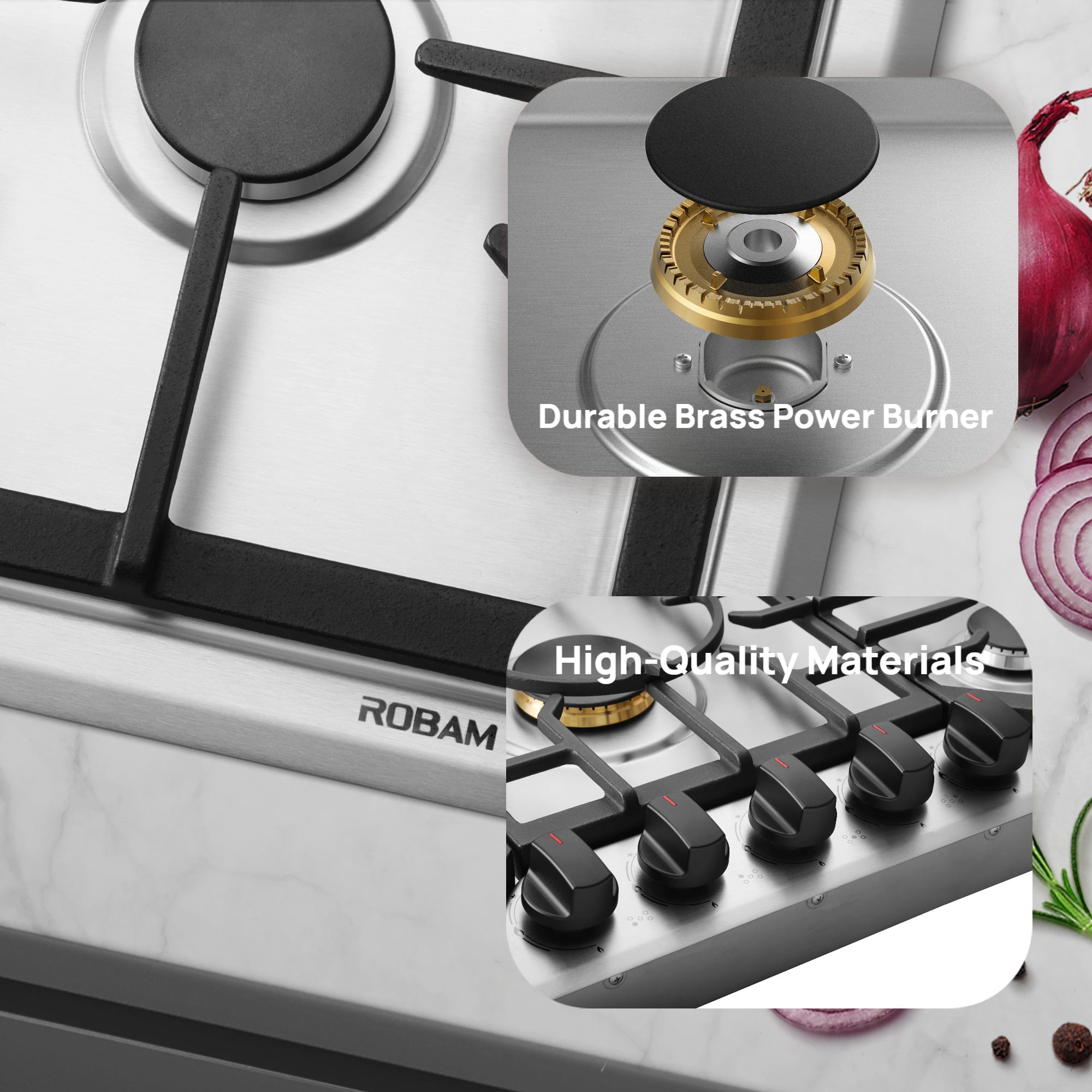 ROBAM 36-Inch Gas Cooktop 5 Burners, 304 Stainless Steel Built-in Gas Stove Top, 50,000 BTU with 15,000 BTU Wok Burner, Full Brass Burners, Flame Failure Protection, NG/LPG Convertible, 7G9H50