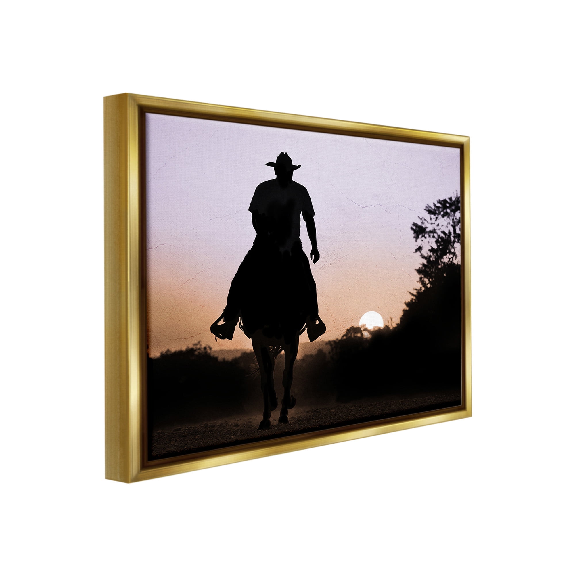 Stupell Industries Cowboy & Setting Sun Landscape Photography Gold Floater Framed Canvas Art Print Wall Art, 21 x 17