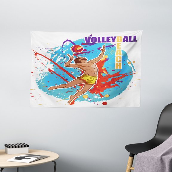 Beach Tapestry, Vector Illustration of a Man Serving an Overhead Ball in Beach Volley Print, Wall Hanging for Bedroom Living Room Dorm Decor, 60W X 40L Inches, Sky Blue and Red, by Ambesonne